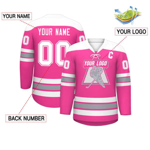 Custom Pink White Gray Personalized Classic Lace-Up Neck Hockey Jersey