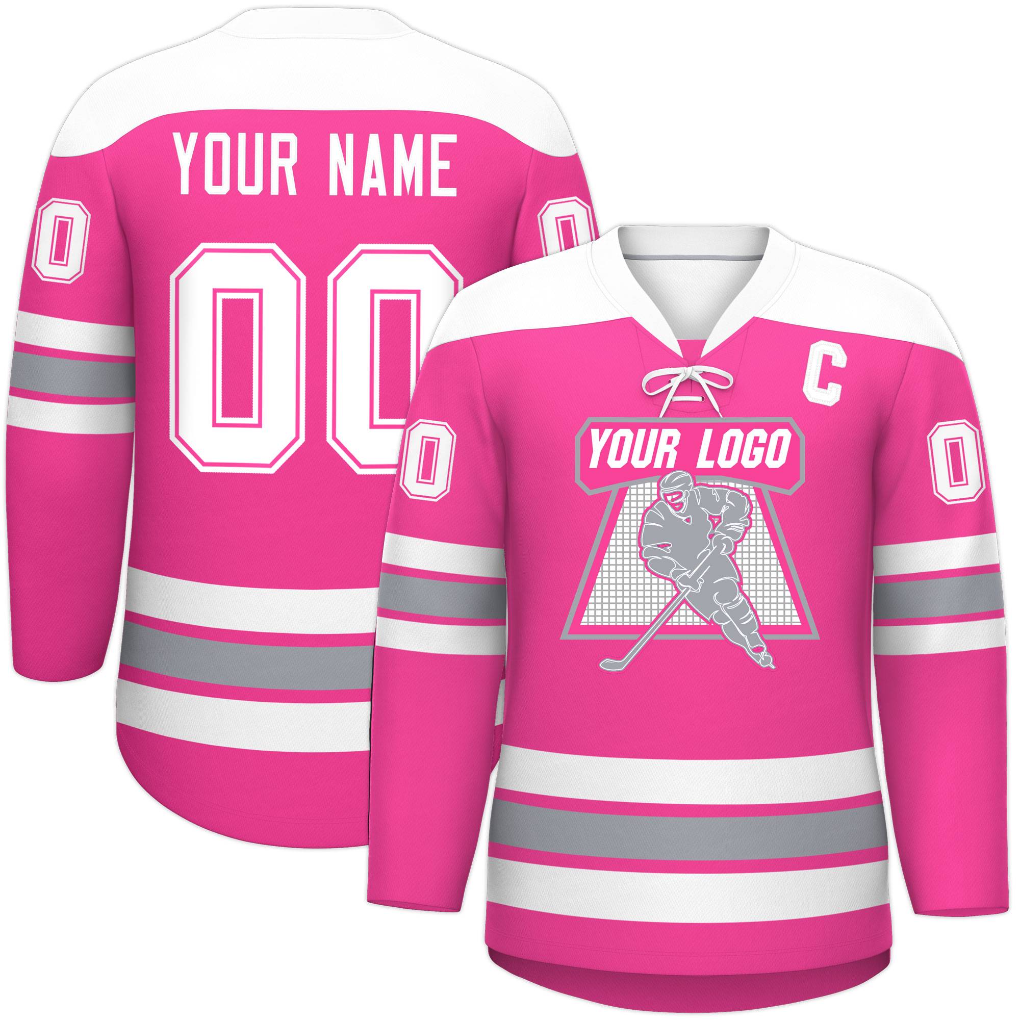 Custom Pink White Gray Personalized Classic Lace-Up Neck Hockey Jersey