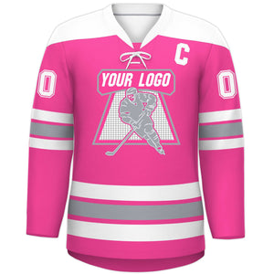 Custom Pink White Gray Personalized Classic Lace-Up Neck Hockey Jersey