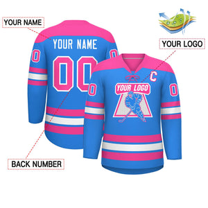 Custom Powder Blue Pink White Personalized Classic Lace-Up Neck Hockey Jersey