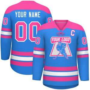 Custom Powder Blue Pink White Personalized Classic Lace-Up Neck Hockey Jersey