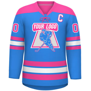 Custom Powder Blue Pink White Personalized Classic Lace-Up Neck Hockey Jersey