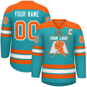 Custom Aqua Orange White Personalized Classic Lace-Up Neck Hockey Jersey