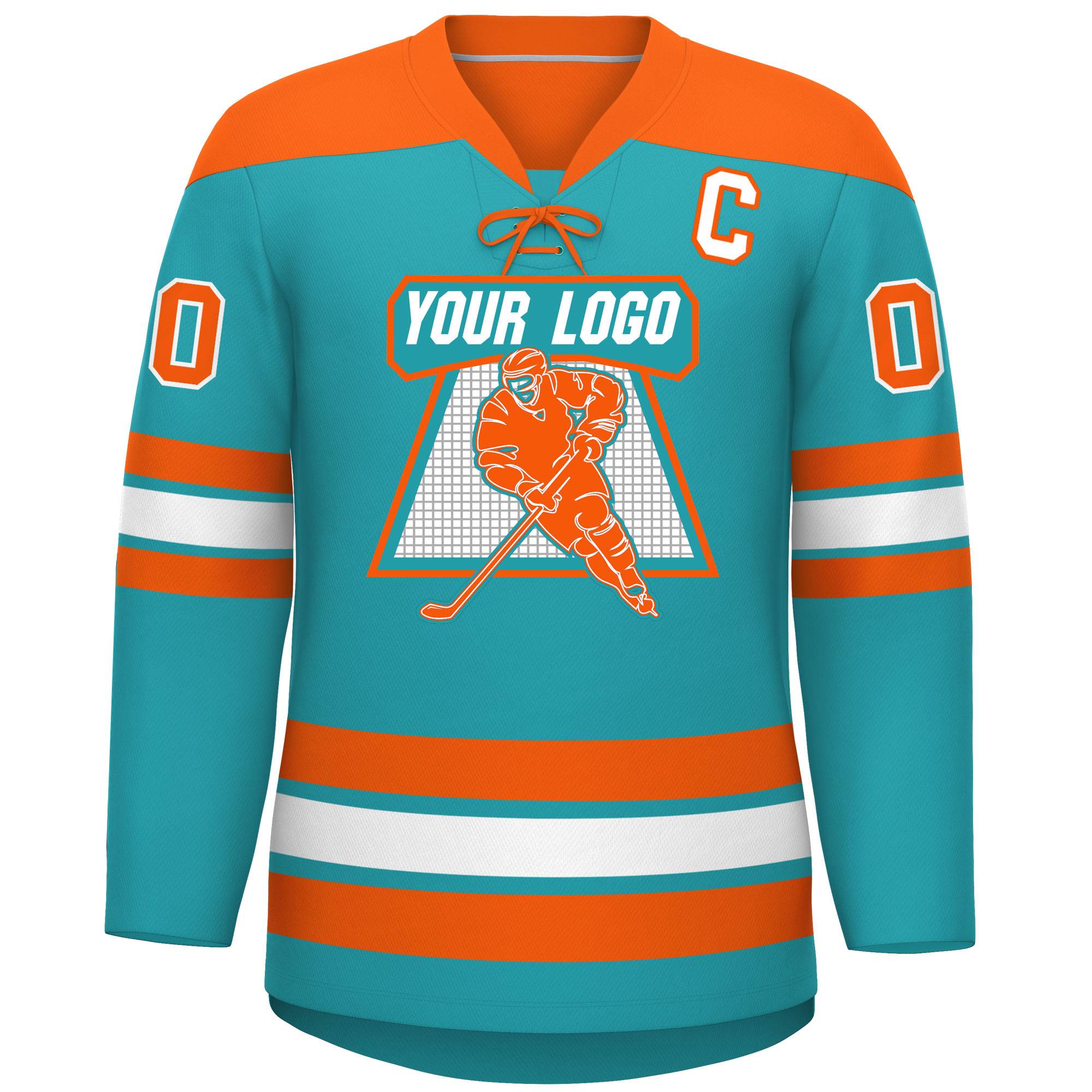 Custom Aqua Orange White Personalized Classic Lace-Up Neck Hockey Jersey