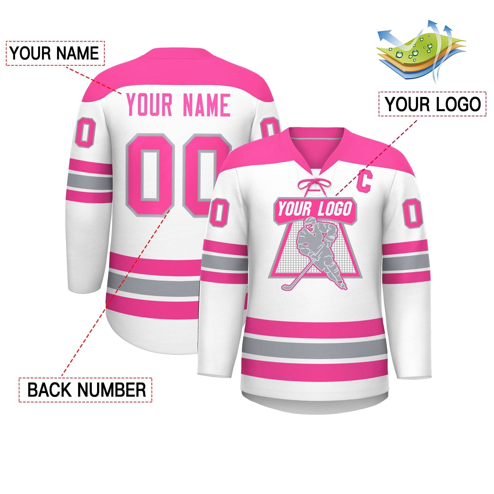 Custom White Pink Gray Personalized Classic Lace-Up Neck Hockey Jersey