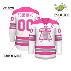 Custom White Pink Gray Personalized Classic Lace-Up Neck Hockey Jersey