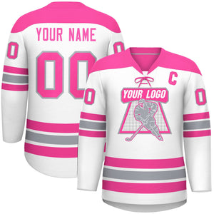 Custom White Pink Gray Personalized Classic Lace-Up Neck Hockey Jersey