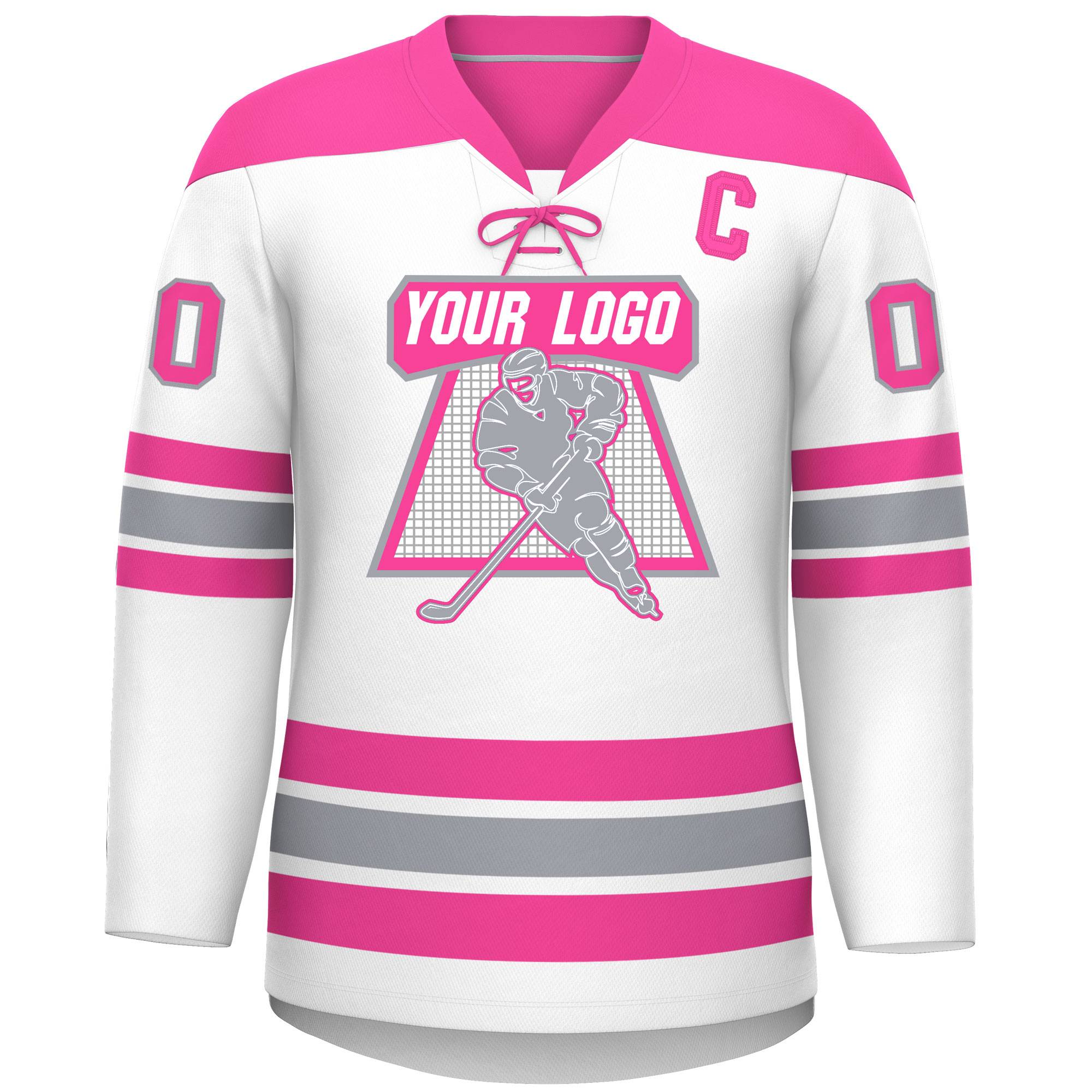 Custom White Pink Gray Personalized Classic Lace-Up Neck Hockey Jersey