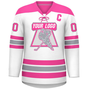 Custom White Pink Gray Personalized Classic Lace-Up Neck Hockey Jersey