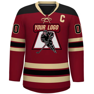 Custom Crimson Khaki Black Personalized Classic Lace-Up Neck Hockey Jersey