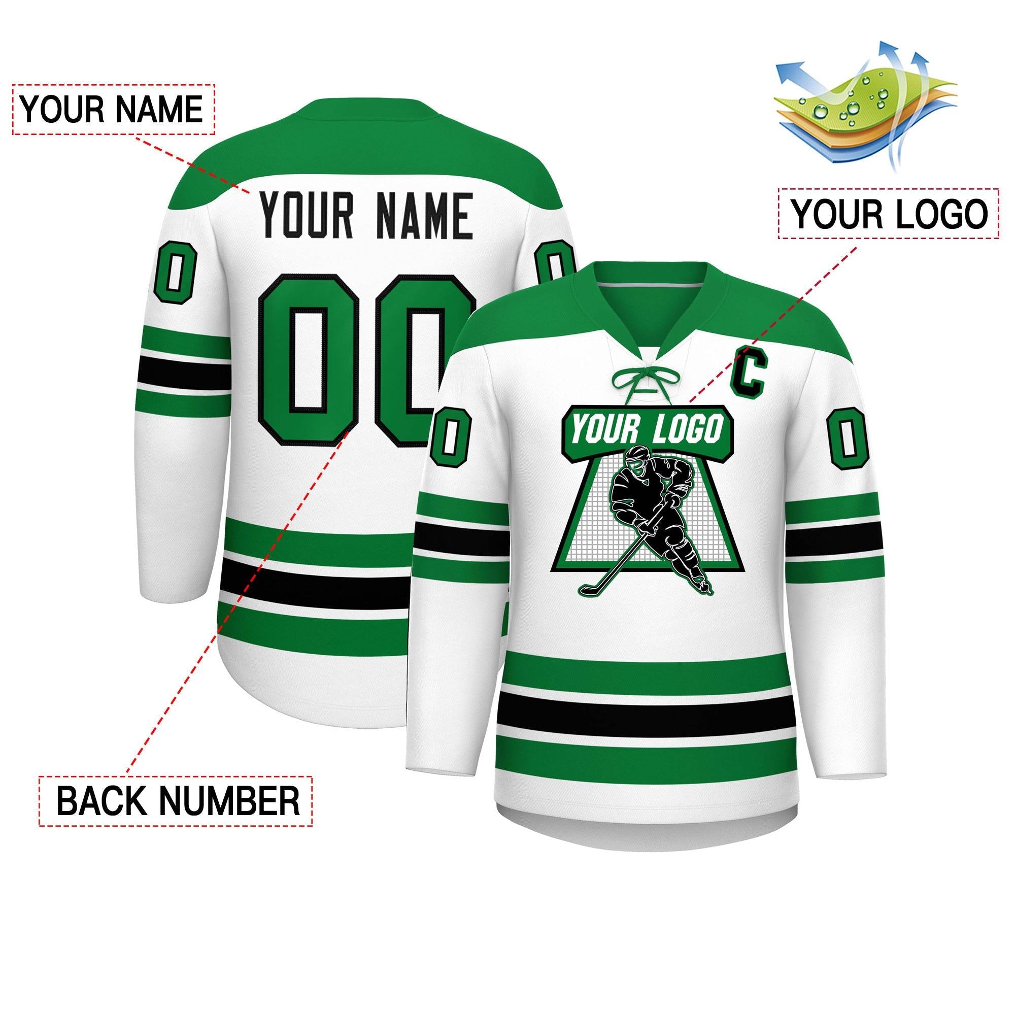 Custom White Kelly Green Black Personalized Classic Lace-Up Neck Hockey Jersey