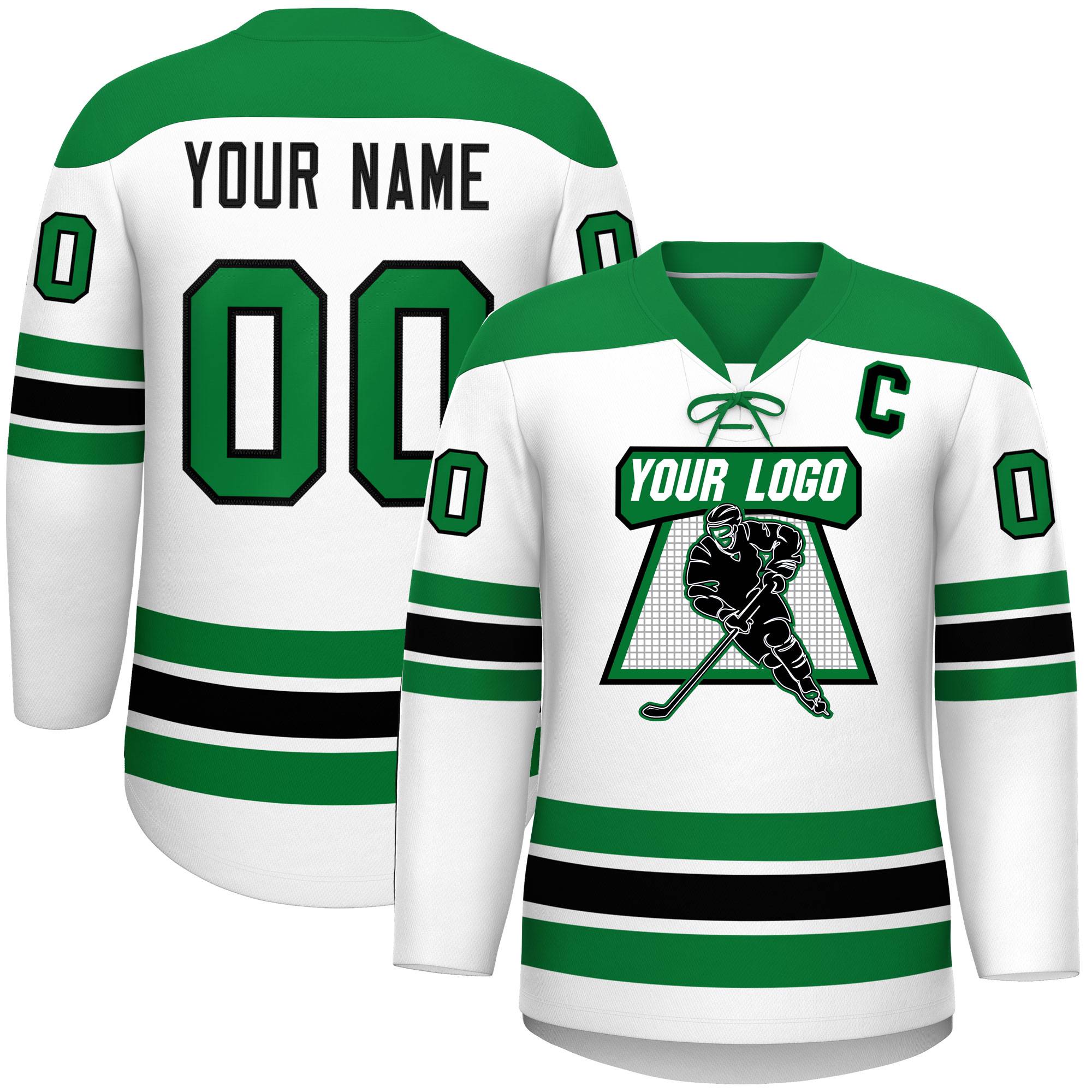 Custom White Kelly Green Black Personalized Classic Lace-Up Neck Hockey Jersey