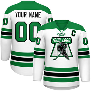 Custom White Kelly Green Black Personalized Classic Lace-Up Neck Hockey Jersey