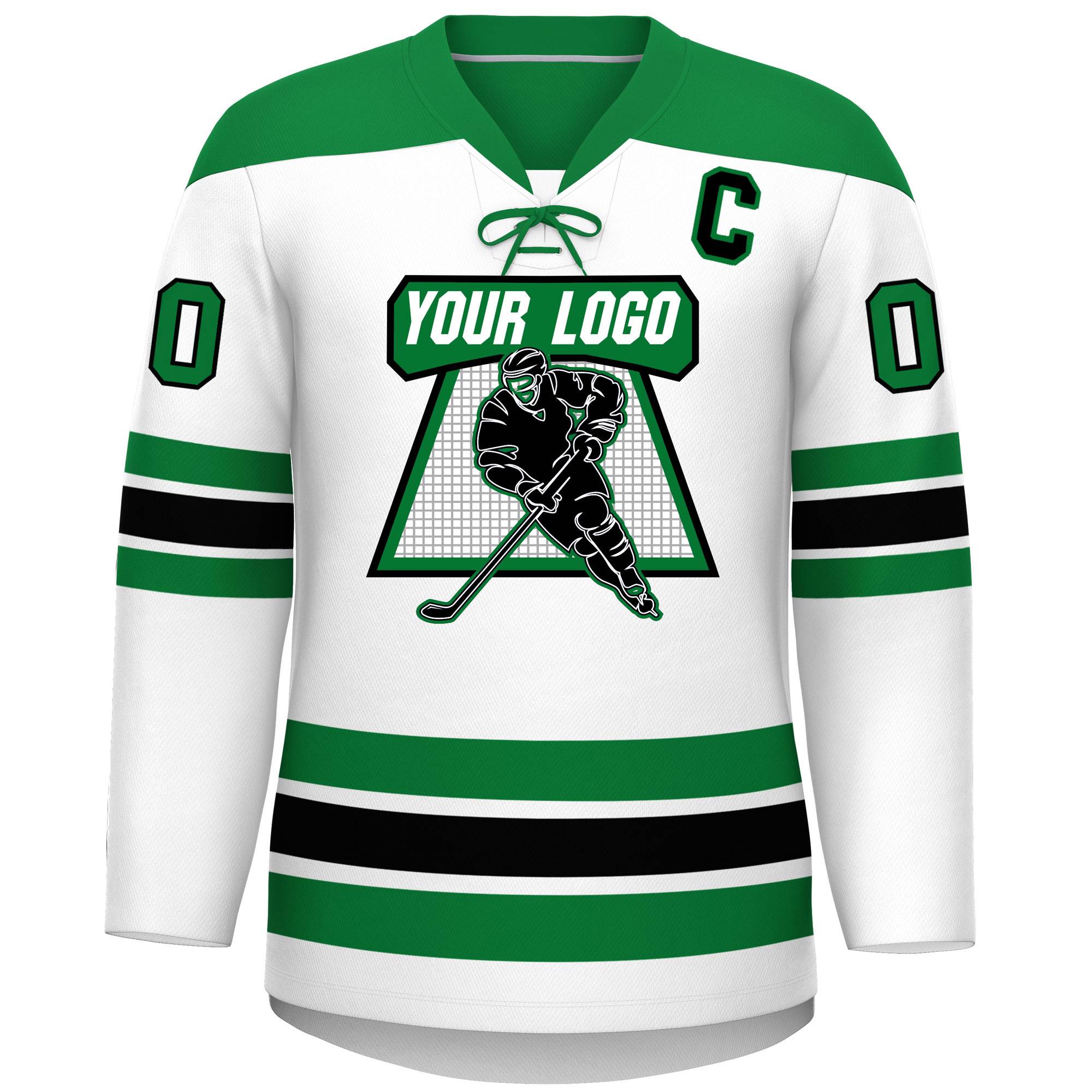 Custom White Kelly Green Black Personalized Classic Lace-Up Neck Hockey Jersey