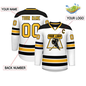 Custom White Black-Gold Personalized Classic V-Neck Hockey Jersey