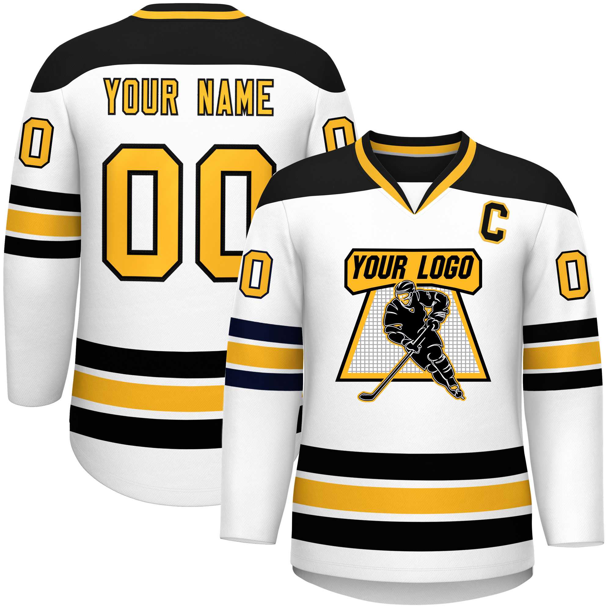 Custom White Black-Gold Personalized Classic V-Neck Hockey Jersey