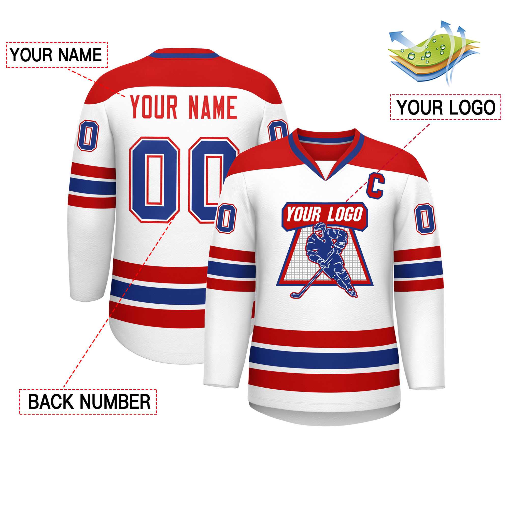 Custom White Red-Royal Personalized Classic V-Neck Hockey Jersey