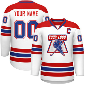 Custom White Red-Royal Personalized Classic V-Neck Hockey Jersey