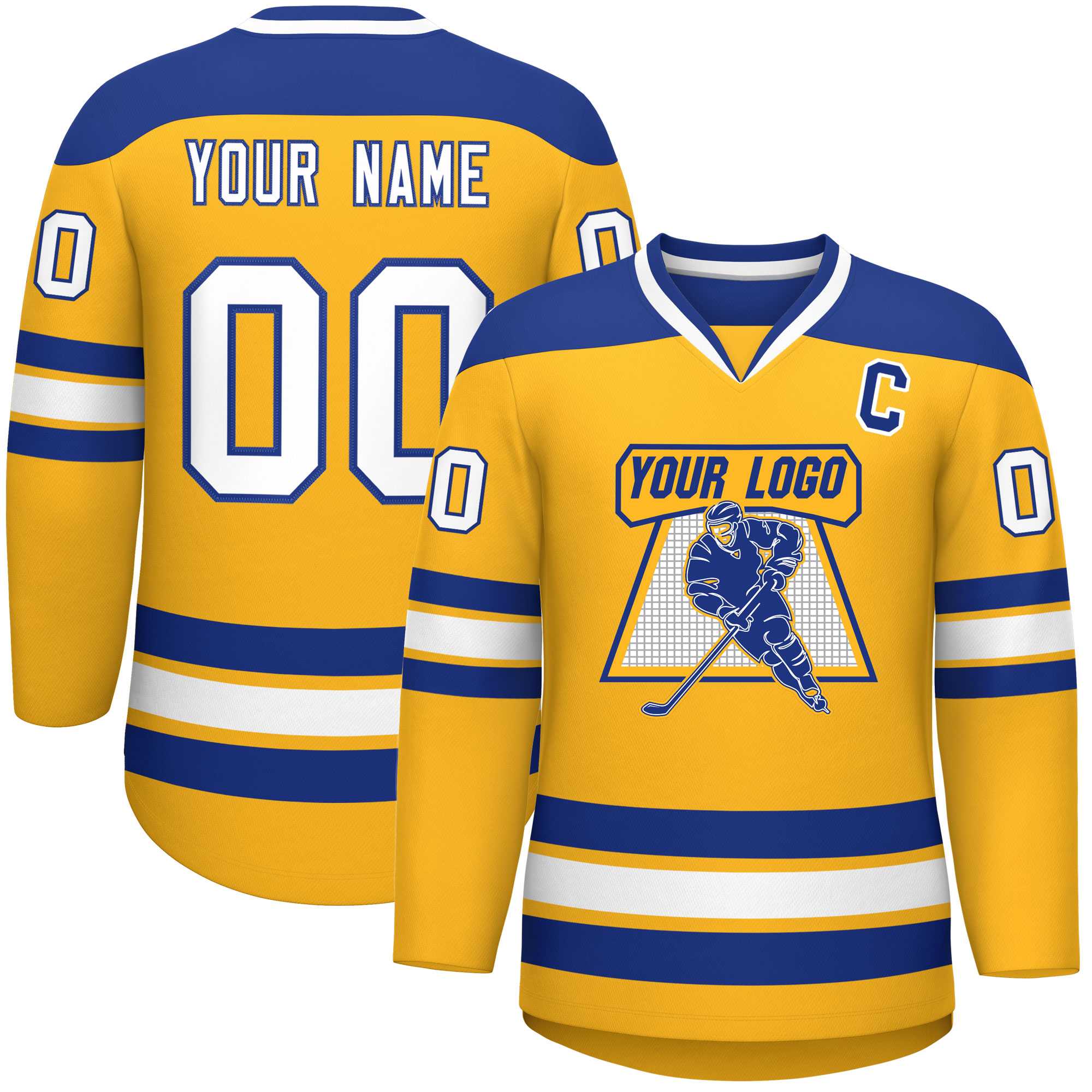 Custom Gold Royal-White Personalized Classic V-Neck Hockey Jersey