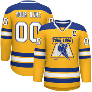 Custom Gold Royal-White Personalized Classic V-Neck Hockey Jersey