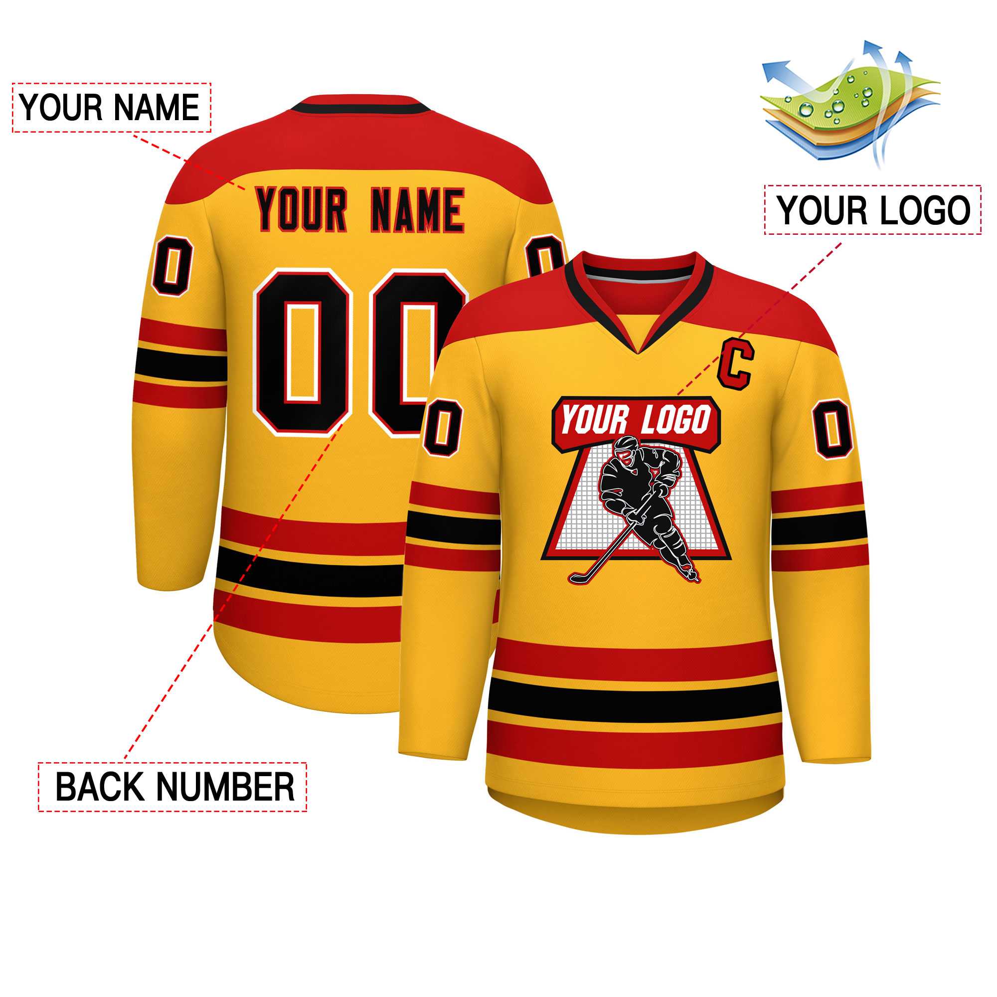 Custom Gold Red-Black Personalized Classic V-Neck Hockey Jersey