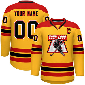 Custom Gold Red-Black Personalized Classic V-Neck Hockey Jersey