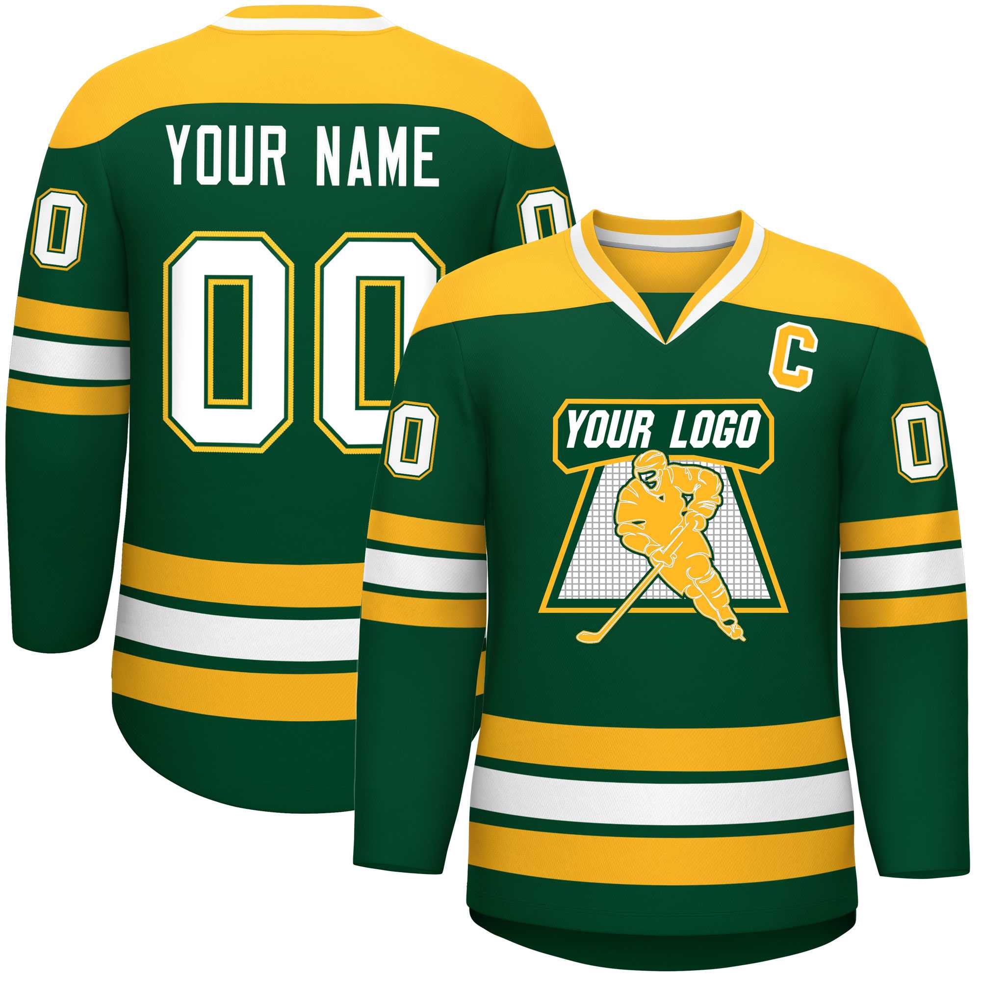 Custom Green Gold-White Personalized Classic V-Neck Hockey Jersey