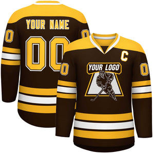 Custom Brown Gold-White Personalized Classic V-Neck Hockey Jersey