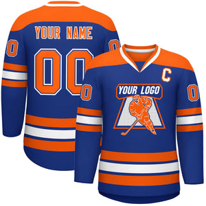 Custom Royal Orange-White Personalized Classic V-Neck Hockey Jersey