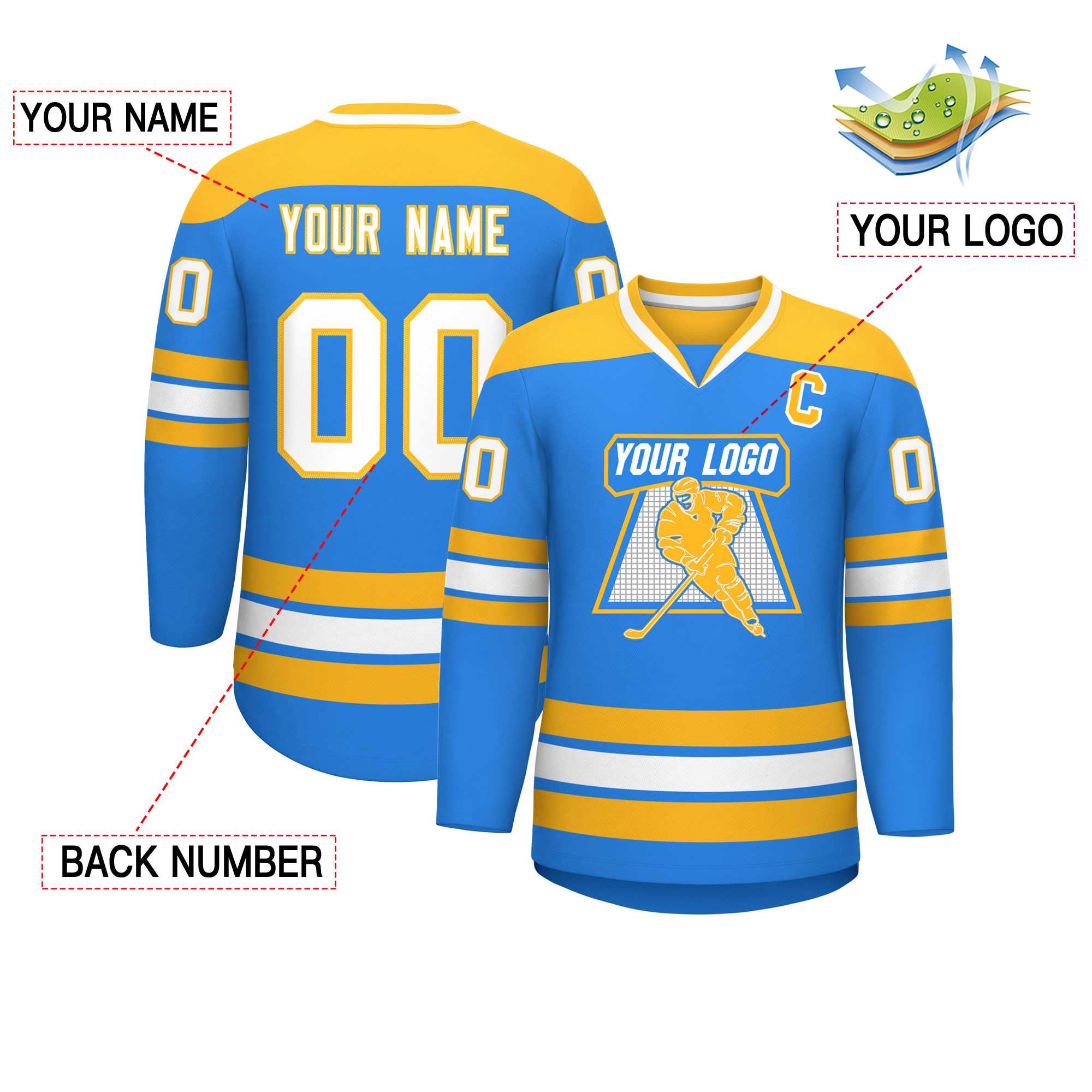 Custom Powder Blue Gold-White Personalized Classic V-Neck Hockey Jersey