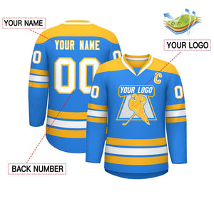 Custom Powder Blue Gold-White Personalized Classic V-Neck Hockey Jersey