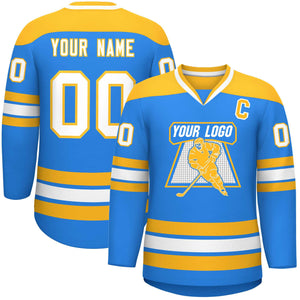 Custom Powder Blue Gold-White Personalized Classic V-Neck Hockey Jersey