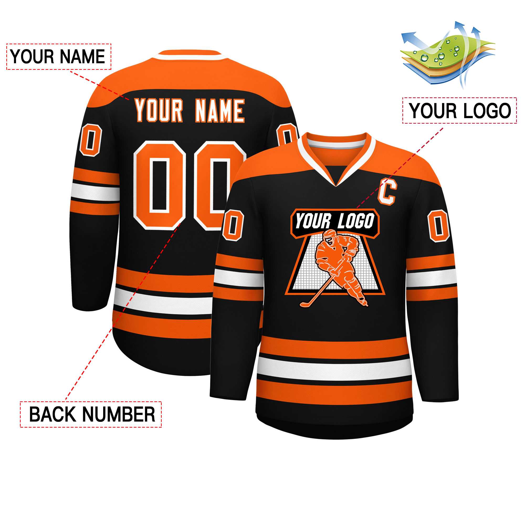 Custom Black Orange-White Personalized Classic V-Neck Hockey Jersey