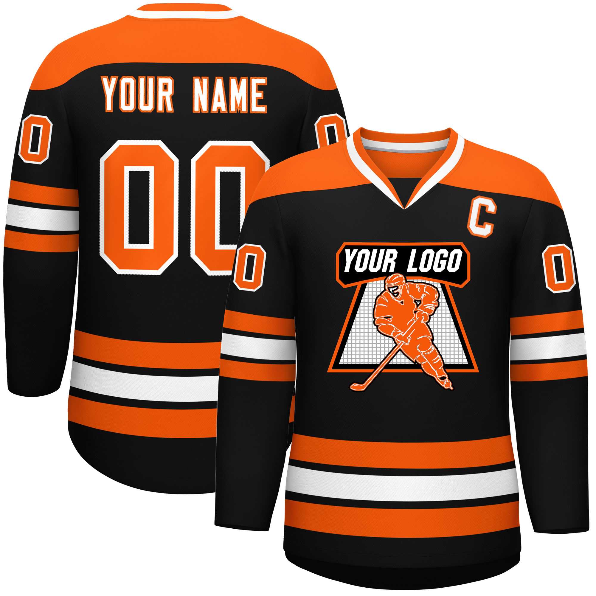 Custom Black Orange-White Personalized Classic V-Neck Hockey Jersey