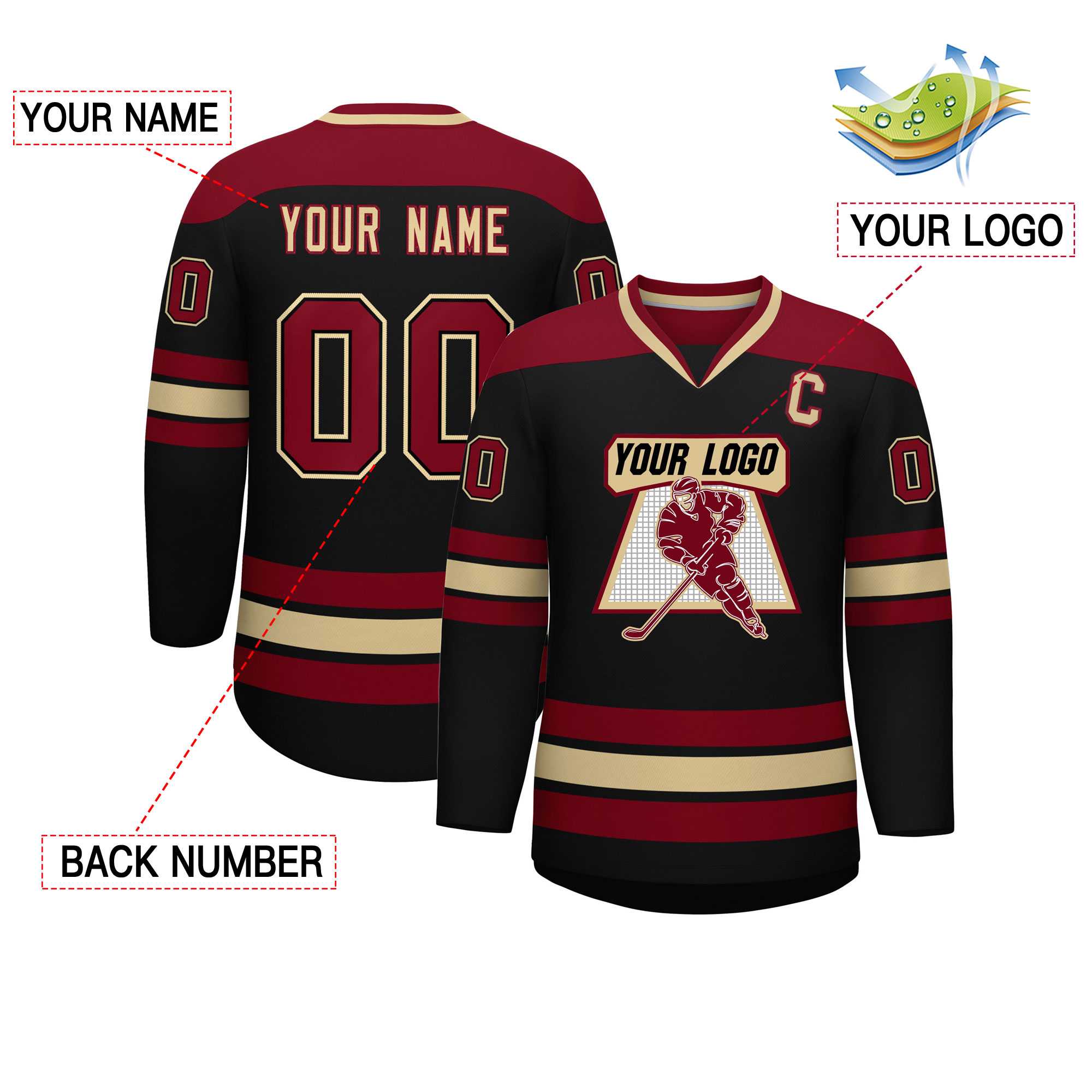 Custom Black Crimson-Khaki Personalized Classic V-Neck Hockey Jersey