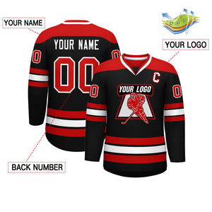 Custom Black Red-White Personalized Classic V-Neck Hockey Jersey