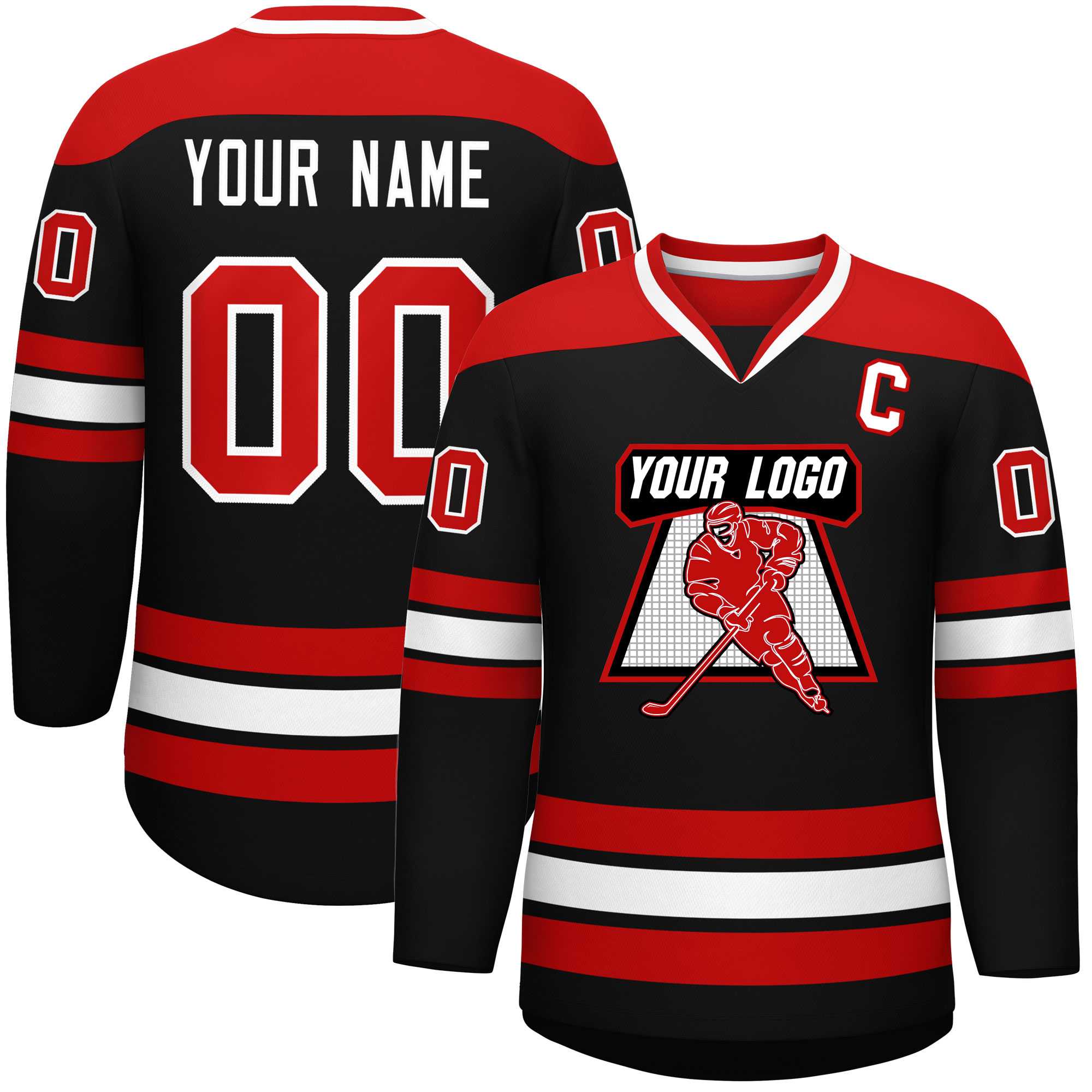 Custom Black Red-White Personalized Classic V-Neck Hockey Jersey