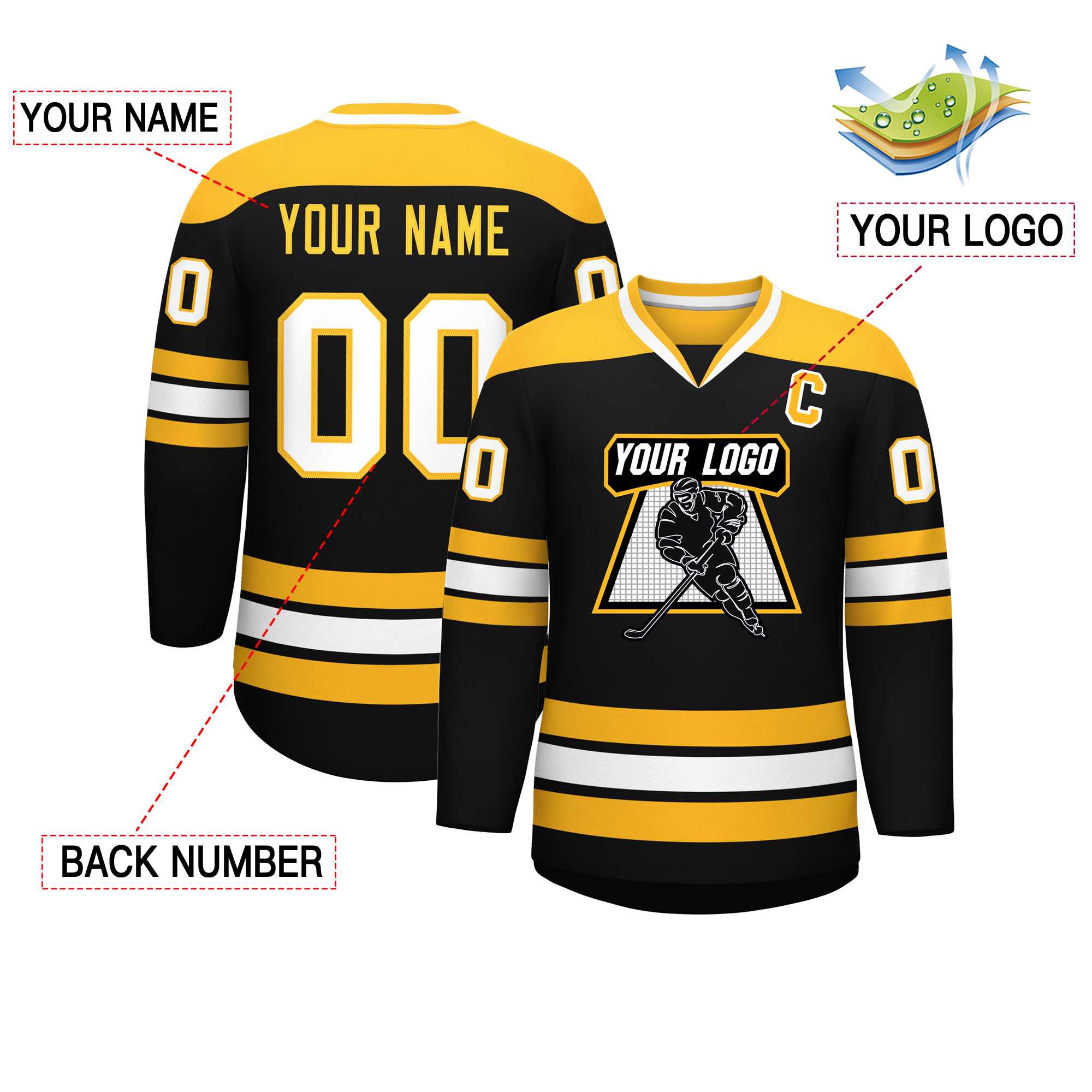 Custom Black Gold-White Personalized Classic V-Neck Hockey Jersey