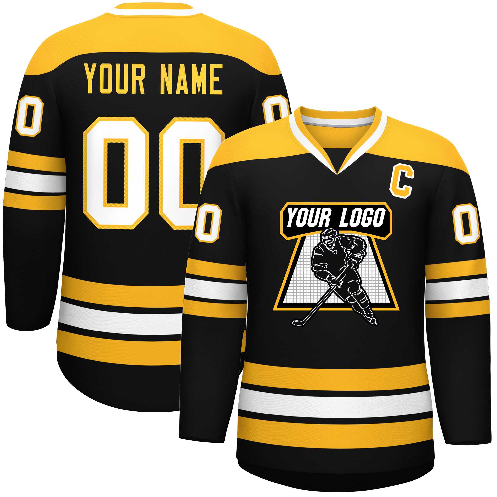 Custom Black Gold-White Personalized Classic V-Neck Hockey Jersey