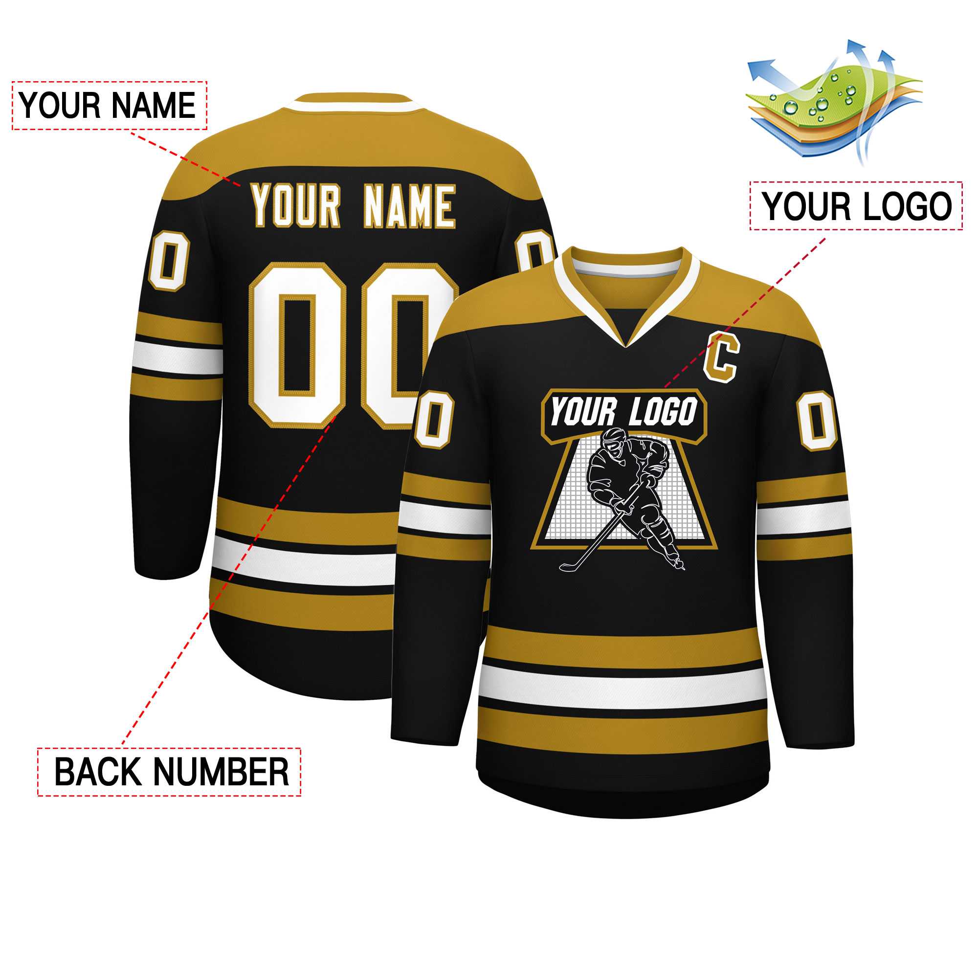 Custom Black Old Gold-White Personalized Classic V-Neck Hockey Jersey