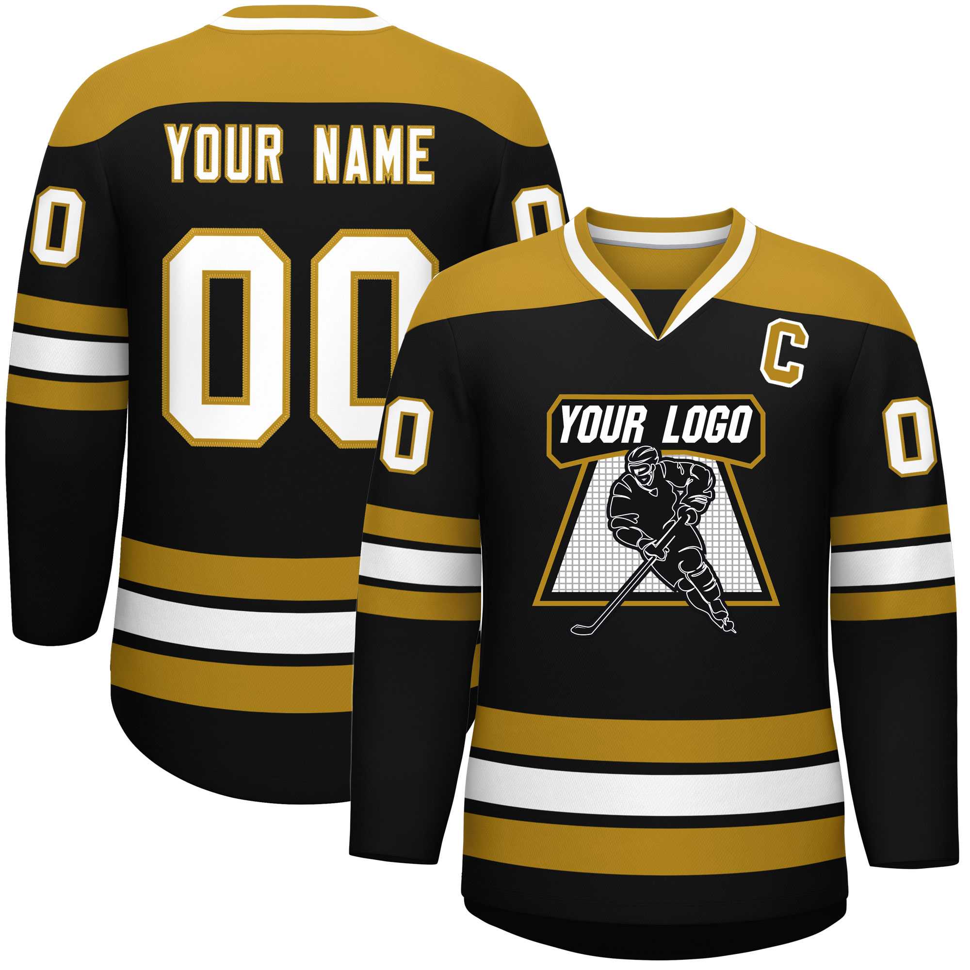 Custom Black Old Gold-White Personalized Classic V-Neck Hockey Jersey