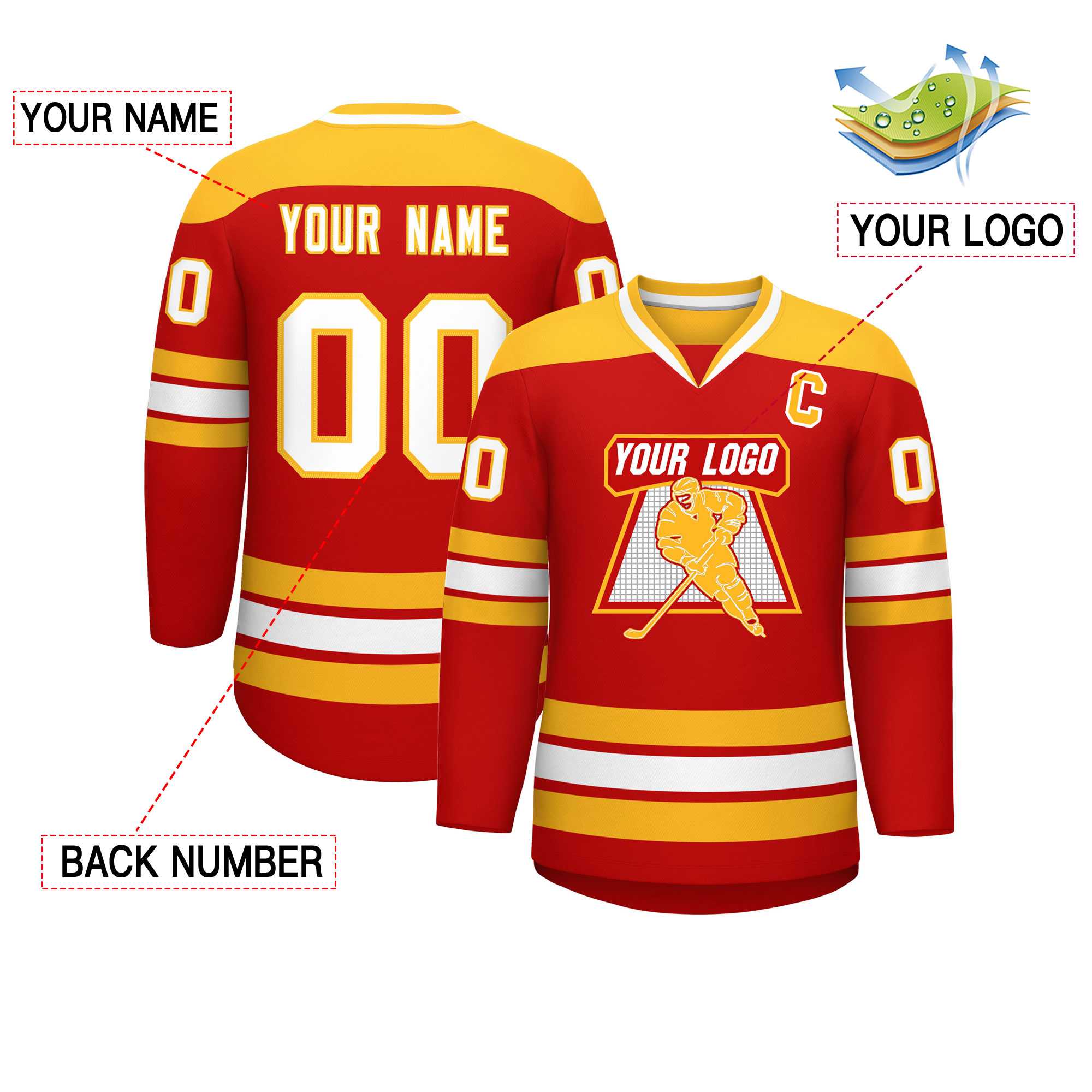 Custom Red Gold-White Personalized Classic V-Neck Hockey Jersey