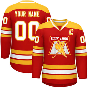 Custom Red Gold-White Personalized Classic V-Neck Hockey Jersey