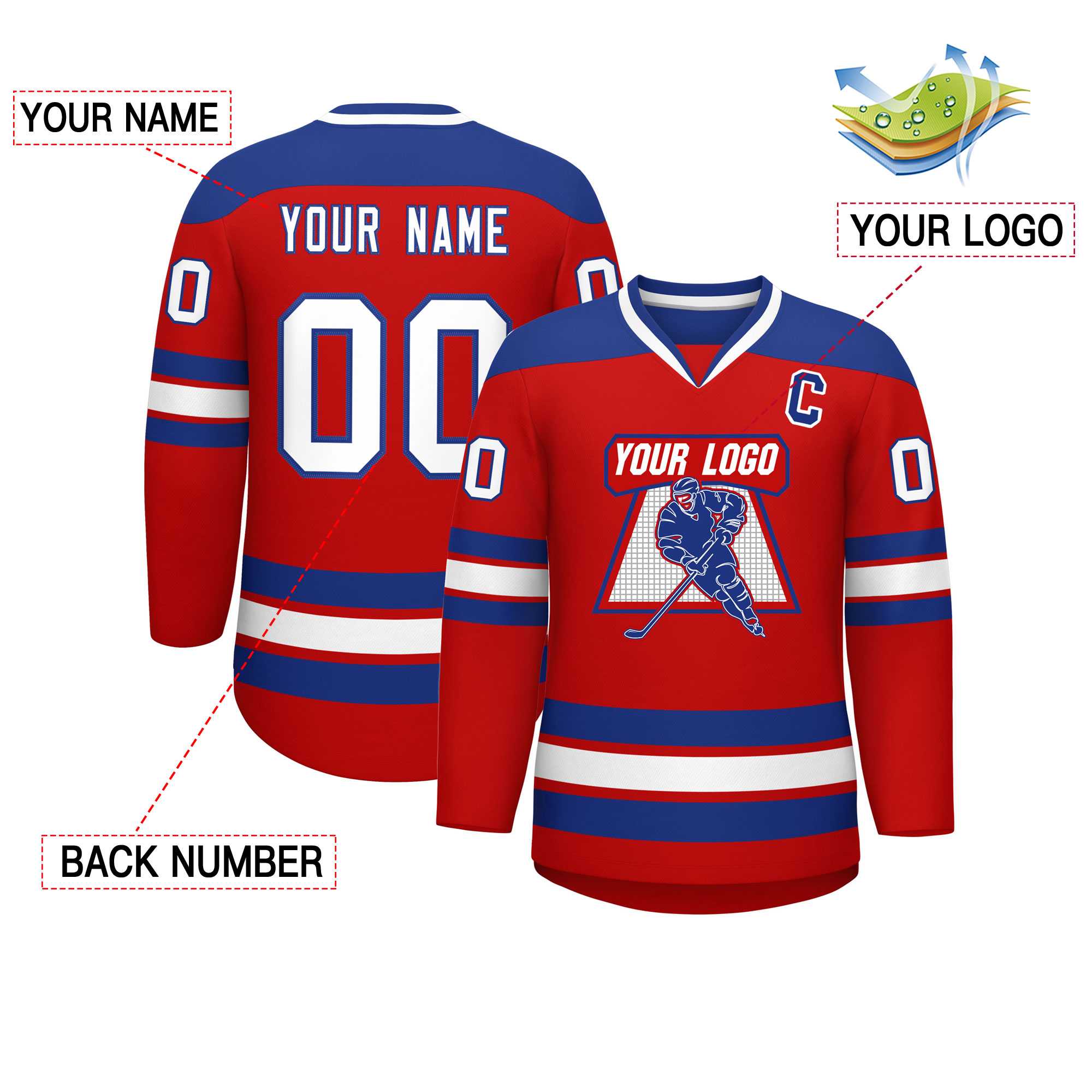 Custom Red Royal-White Personalized Classic V-Neck Hockey Jersey