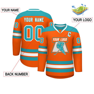 Custom Orange Aqua-White Personalized Classic V-Neck Hockey Jersey