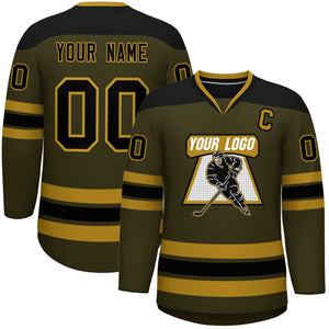 Custom Olive Black-Black Personalized Classic V-Neck Hockey Jersey