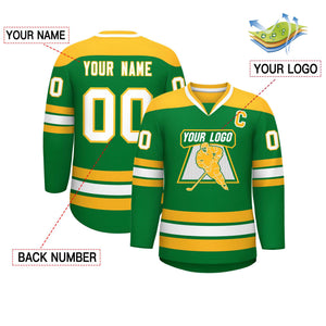 Custom Kelly Green Gold-White Personalized Classic V-Neck Hockey Jersey