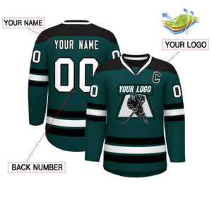 Custom Midnight Green Black-White Personalized Classic V-Neck Hockey Jersey