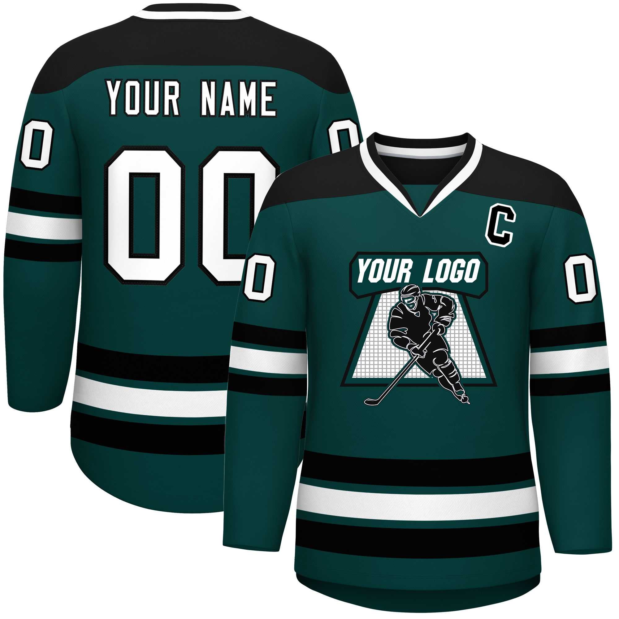 Custom Midnight Green Black-White Personalized Classic V-Neck Hockey Jersey