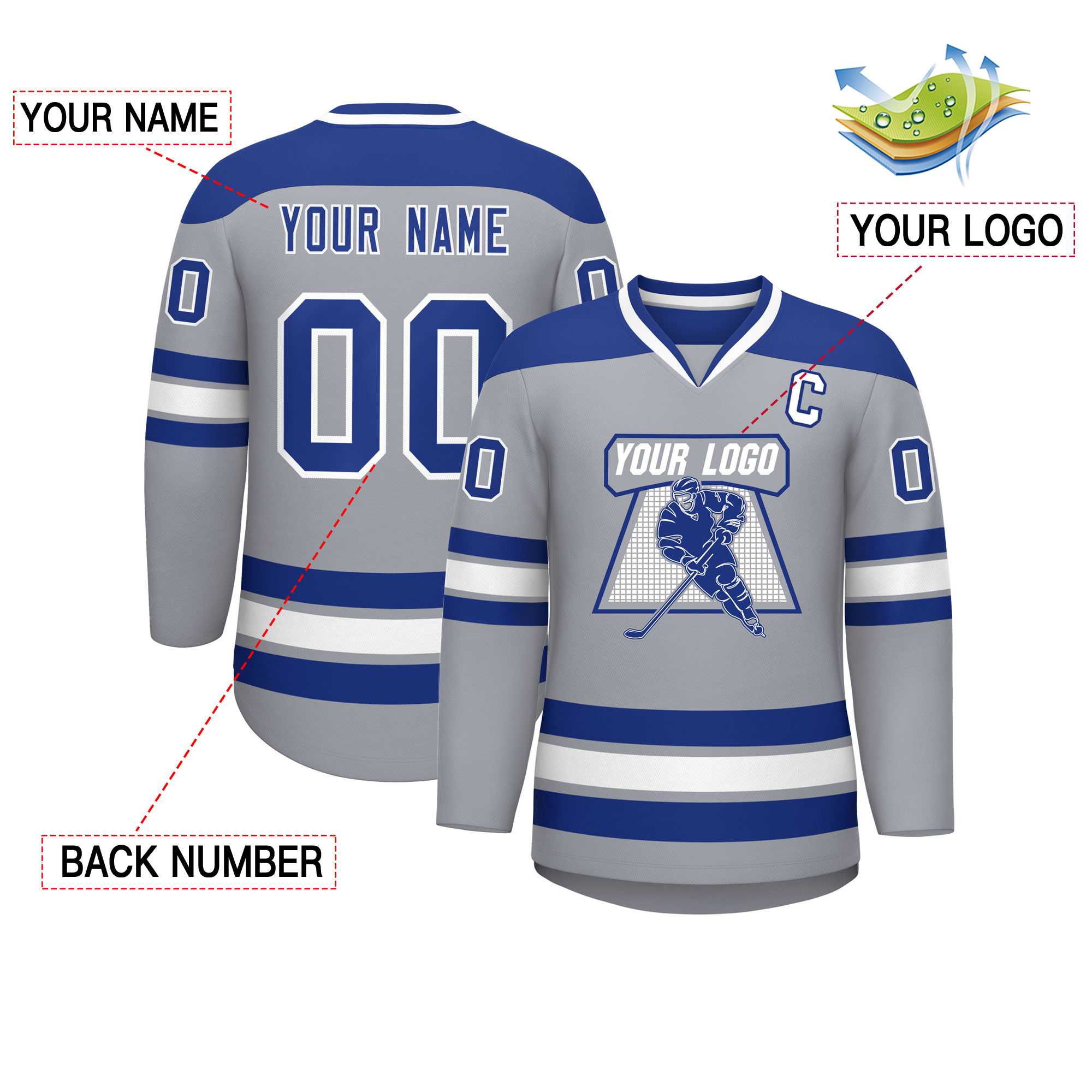 Custom Gray Royal-White Personalized Classic V-Neck Hockey Jersey